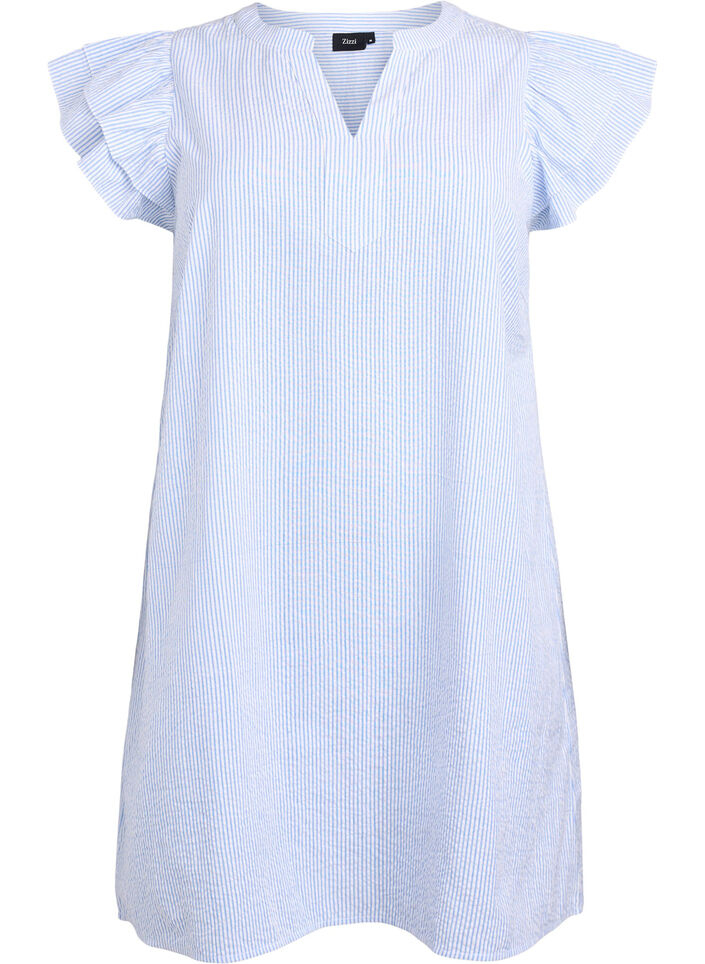 Korte gestreepte jurk met ruches, Blauw, Packshot image number 0