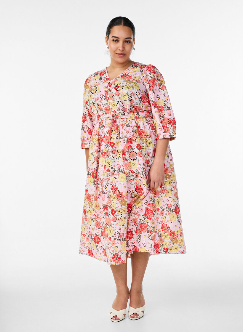 Robe midi fleurie en broderie anglaise et ceinture &agrave; nouer, Rose, Model