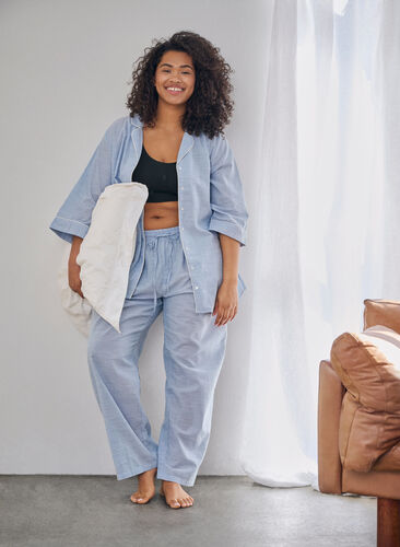 Losse katoenen pyjama-broek met strepen, White/Blue Stripe, Image image number 0