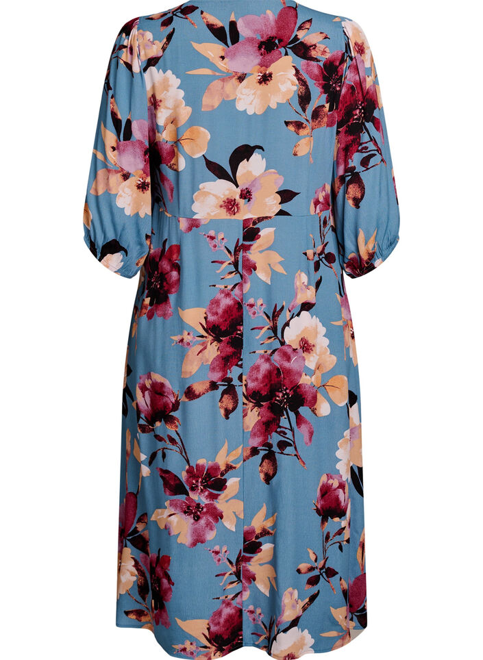 Midi-jurk met bloemenprint en 3/4 mouwen, Blauw, Packshot image number 1