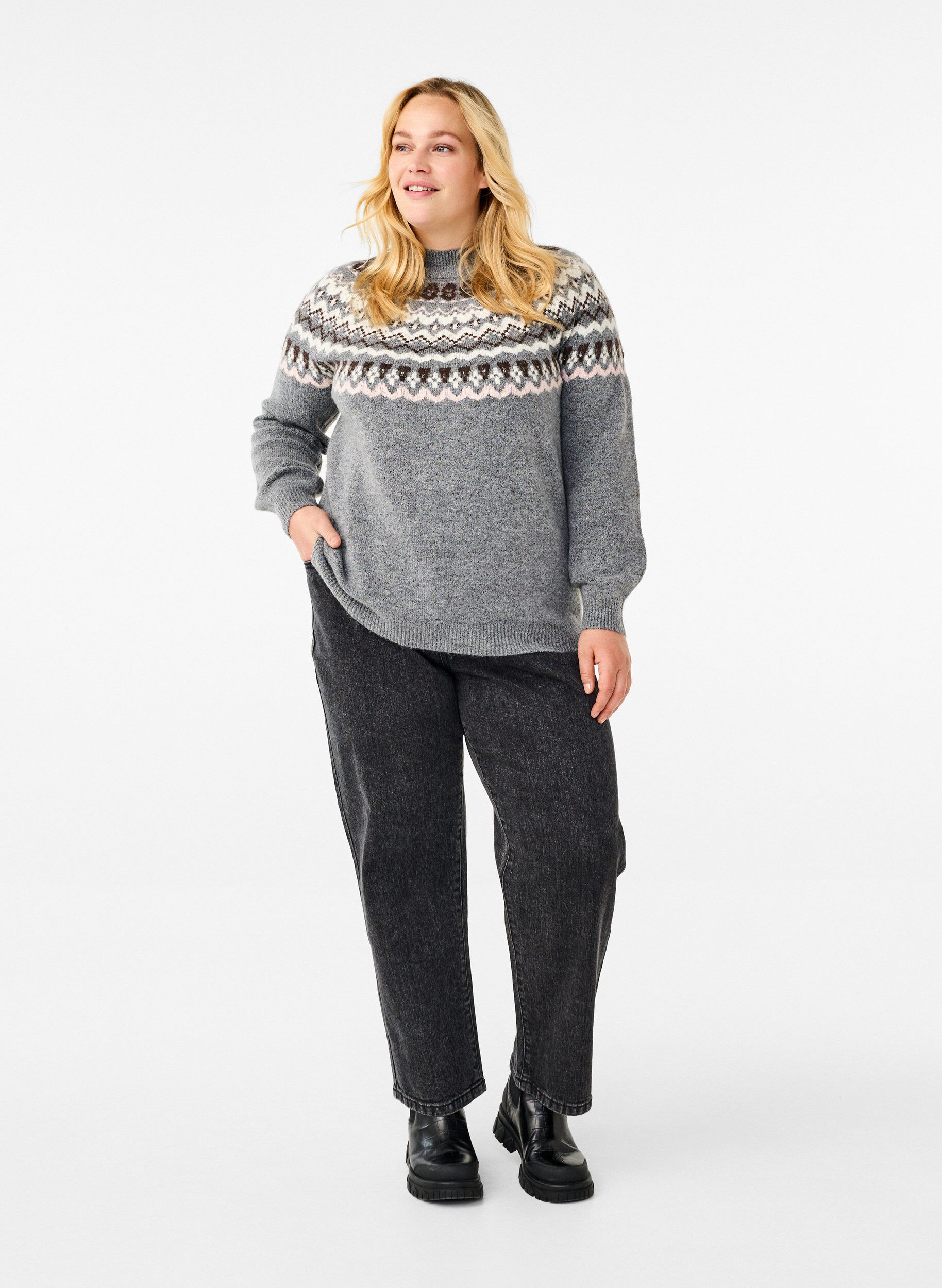 ZizziGebreide trui met patronen en lange mouwen, Medium Grey Comb, Model image number 2