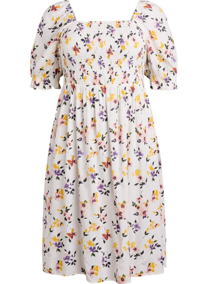 Gebloemde viscose midi-jurk met smock, Wit, Packshot image number 0