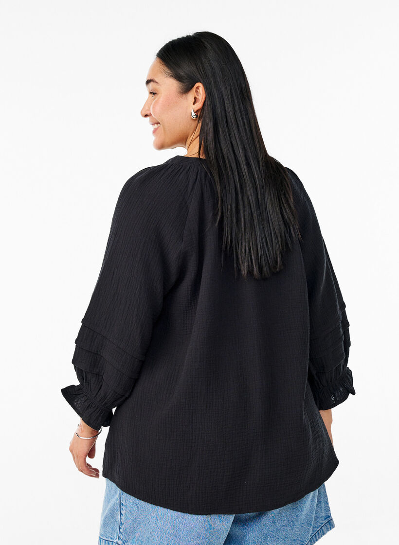 Katoenen mousseline blouse met 3/4 mouwen, Black, Model image number 1