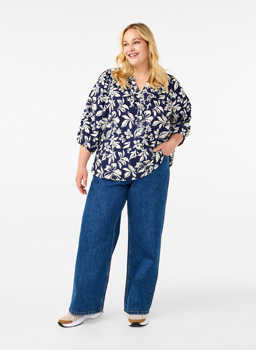 Chemisier &agrave; manches 3/4 en coton avec imprim&eacute;, Naval Academy Flower, Model image number 2