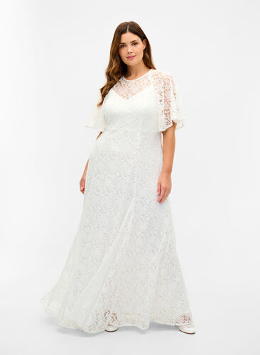 Robe de mariée en dentelle à manches courtes, Star White, Model image number 0