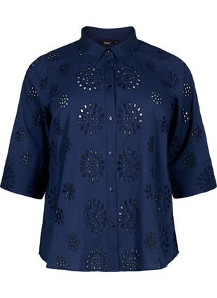 Shirtblouse met Engels borduurwerk en 3/4-mouwen, Navy Blazer, Packshot image number 0