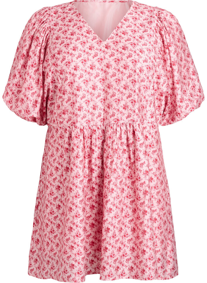 Robe courte en viscose avec une taille empire et des manches ballon, Rouge, Packshot image number 0