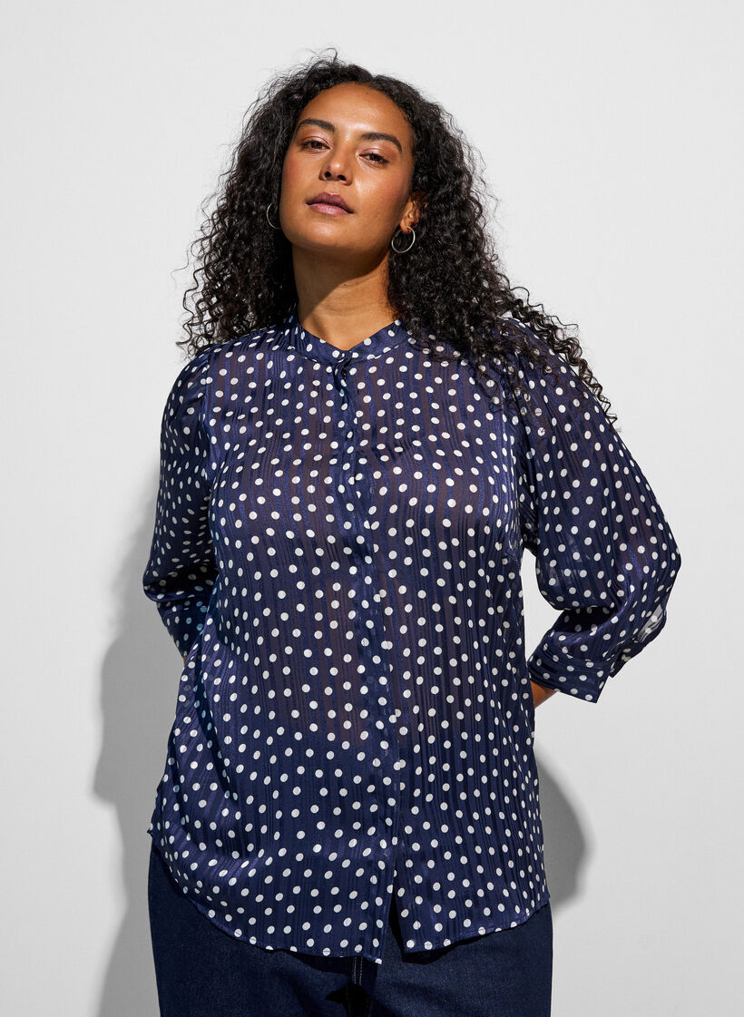Chemise &agrave; motifs avec col montant et manches 3/4, Bleu, Model image number 3