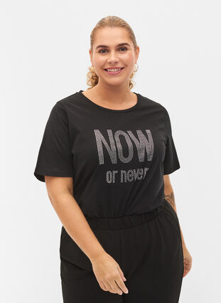 T-shirt avec rivets en coton biologique, Black NOW or never, Model image number 0