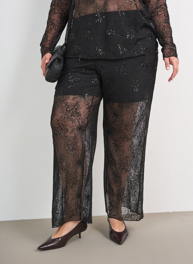Pantalon en maille avec broderies florales et sequins, Noir, Model image number 3