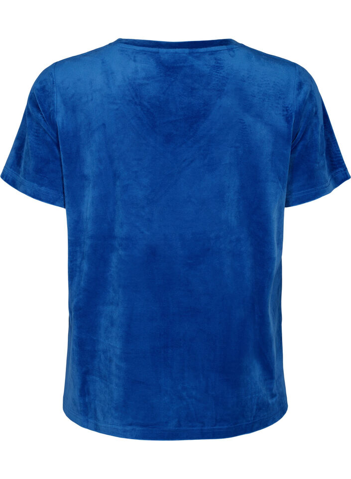 T-shirt en velours avec un col en V, Monaco Blue, Packshot image number 1