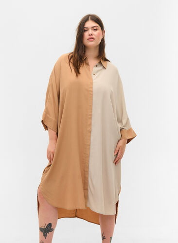 Robe chemise en viscose à manches 3/4 et à carreaux de couleur, Praline, Model image number 0