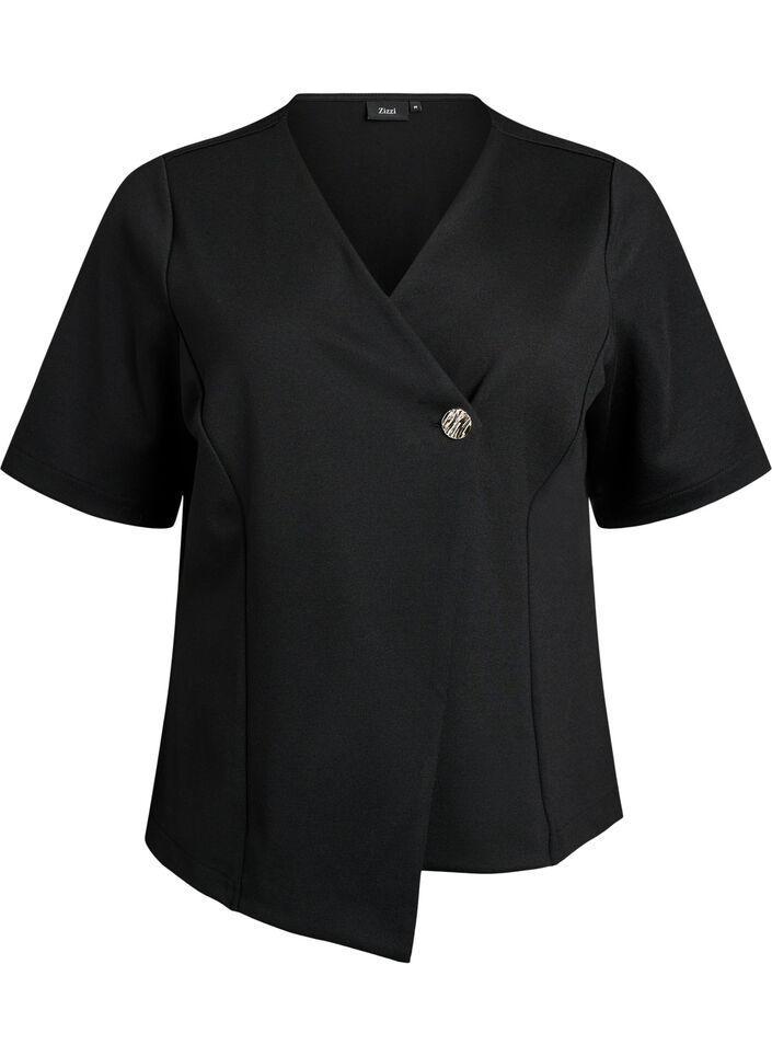 Blouse met asymmetrisch wikkeleffect en korte mouwen, Zwart, Packshot image number 0