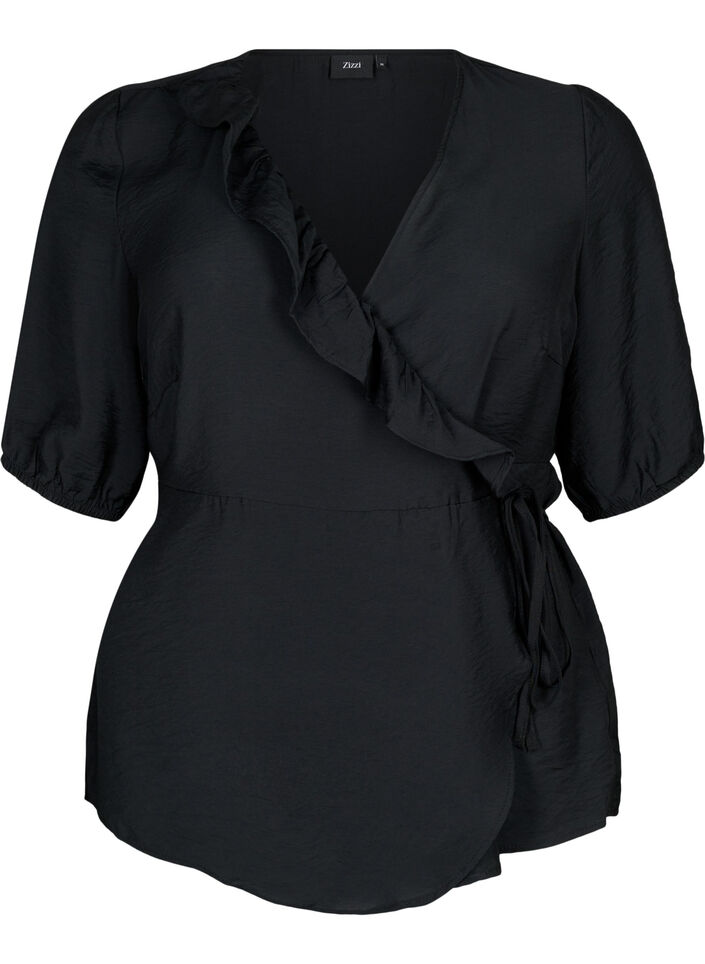 Wikkelblouse van Viscose met korte mouw, Black, Packshot image number 0