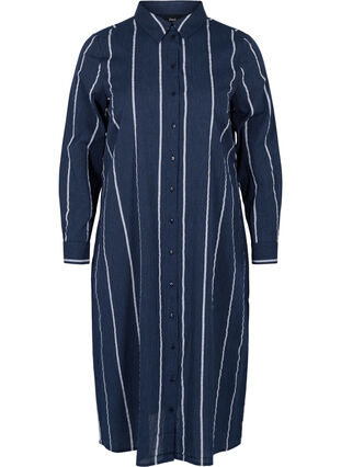 Lange gestreepte blouse jurk in katoen, N.Sky w.White Stripe, Packshot image number 0