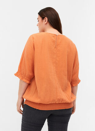 Katoenen blouse met smokwerk en korte mouwen, Brandied Melon, Model image number 1