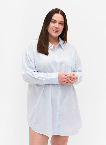 Chemise de nuit rayée en coton, White w. Blue Stripe, Model image number 0