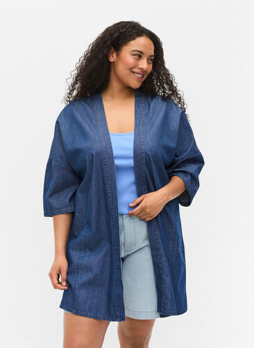 Kimono en denim à manches 3/4, Medium Blue Denim, Model image number 0