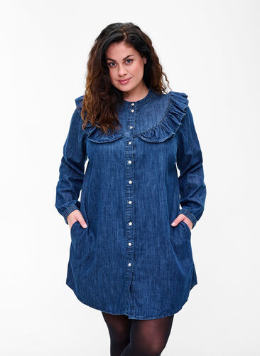 Robe en jean avec boutons et volants, Dark blue denim, Model image number 0