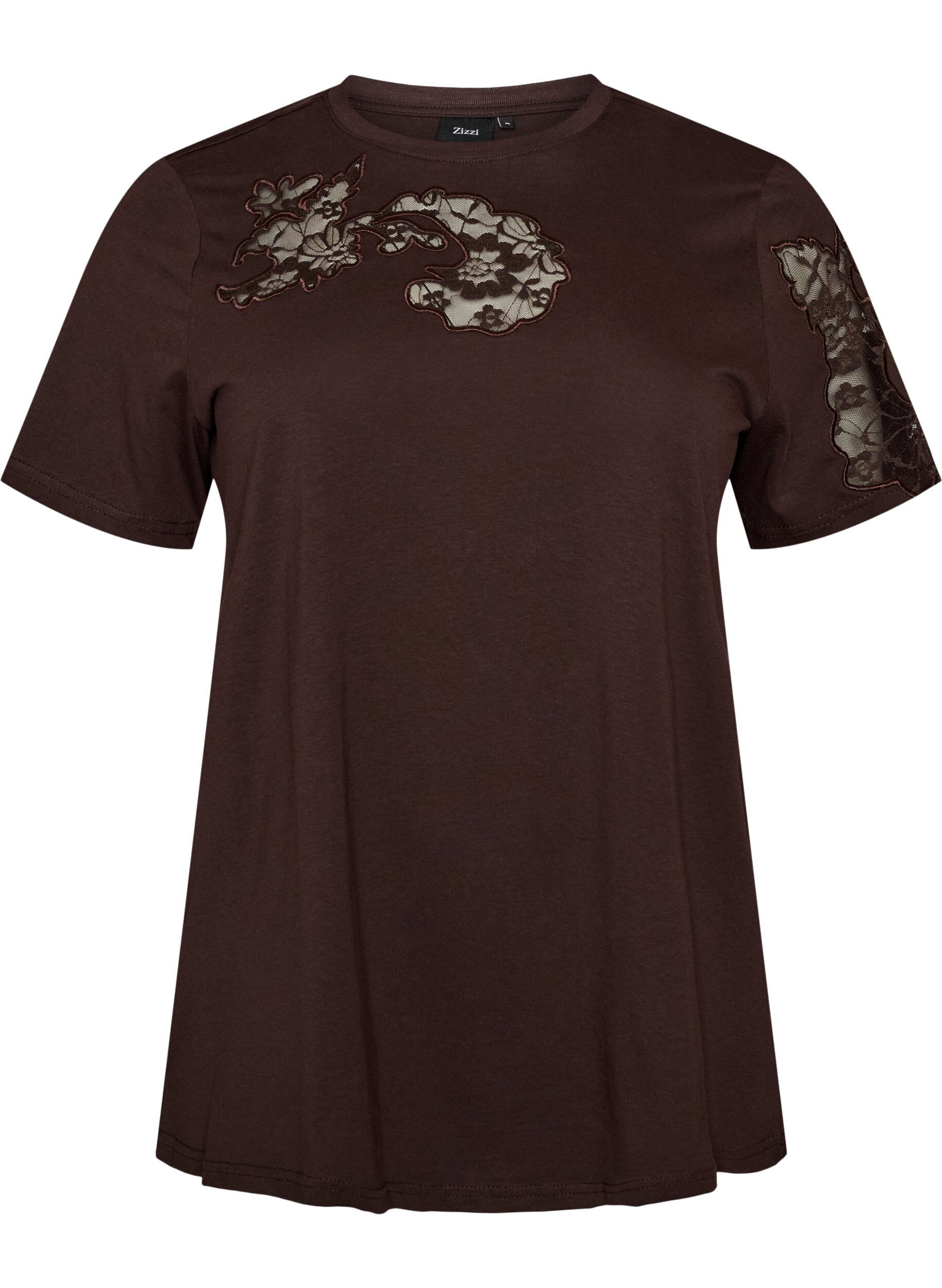ZizziT-shirt en coton avec appliqu&eacute;s en dentelle, Marron, Packshot image number 0