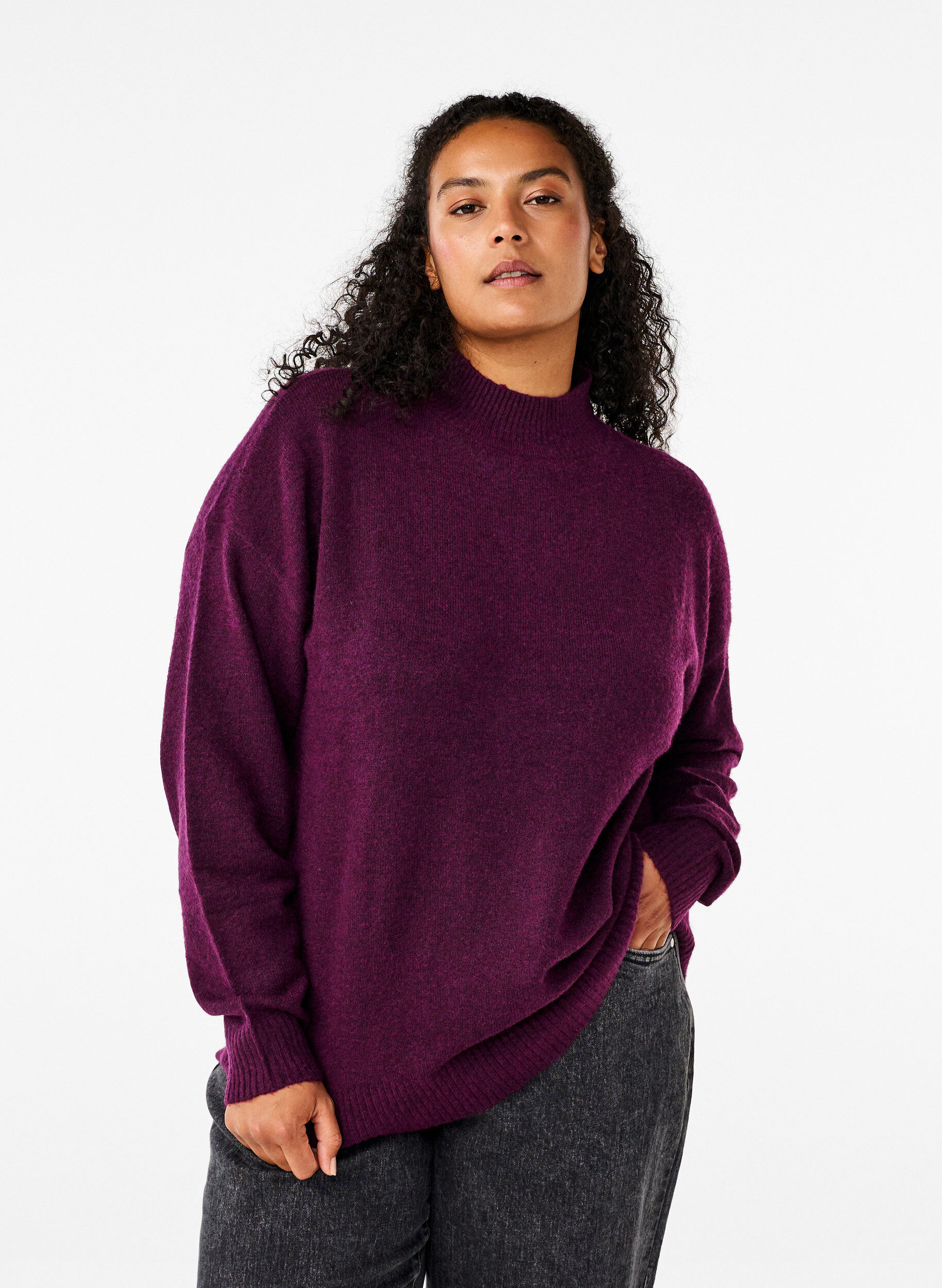 ZizziGebreide wollen blouse met hoge hals, Potent Purple Mel., Model image number 0