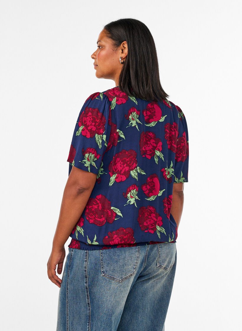 Blouse en viscose avec imprim&eacute; floral et coupe ballon, Bleu, Model image number 2