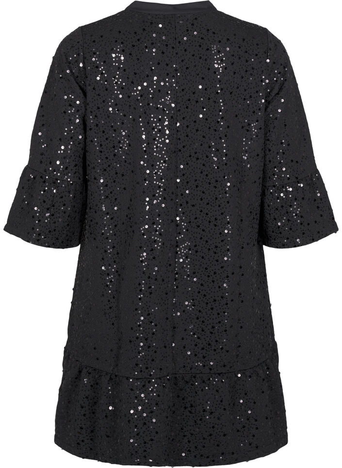 Paillettenjurk met V-hals en 3/4 mouwen, Black w. Bl. Sequins, Packshot image number 1