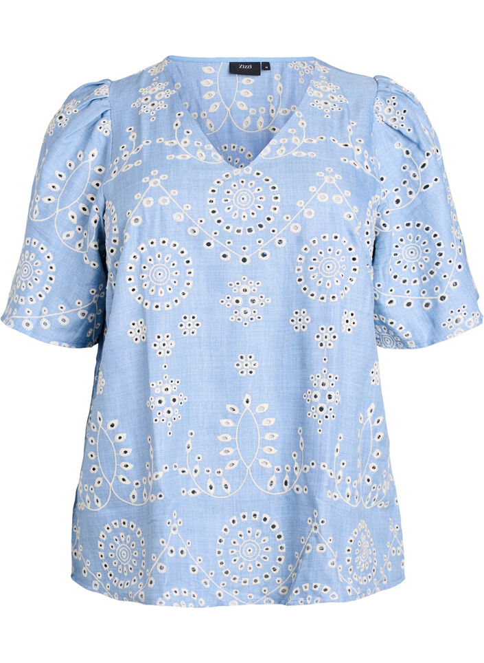 Blouse met broderie anglaise en korte pofmouwen, Blauw, Packshot image number 0