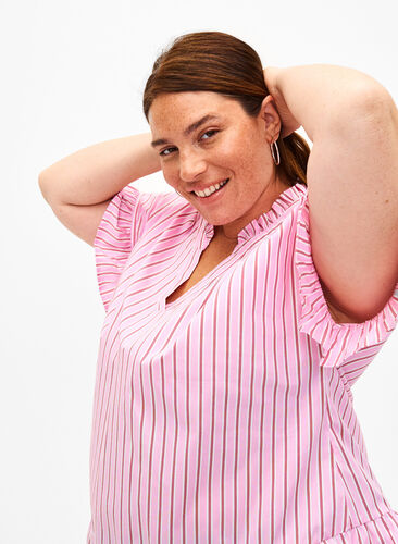 Gestreepte blouse met peplum en ruches, Pink Red Stripe, Image image number 0