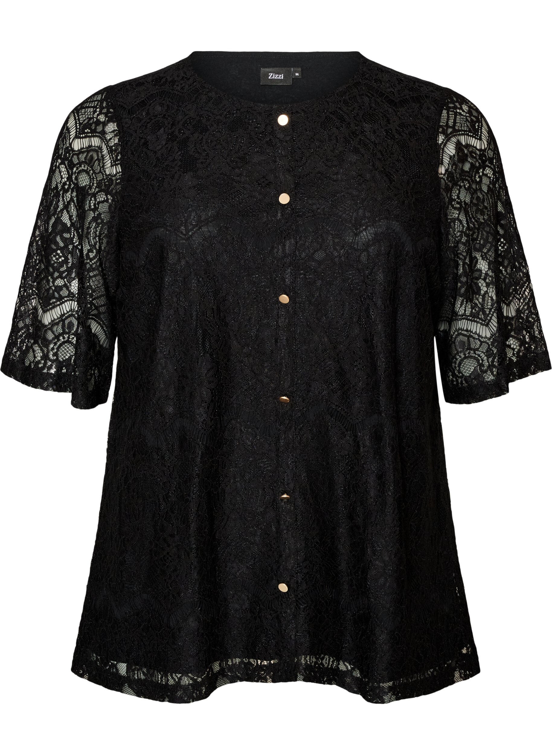 ZizziBlouse en dentelle avec boutons d&eacute;coratifs, Noir, Packshot image number 0