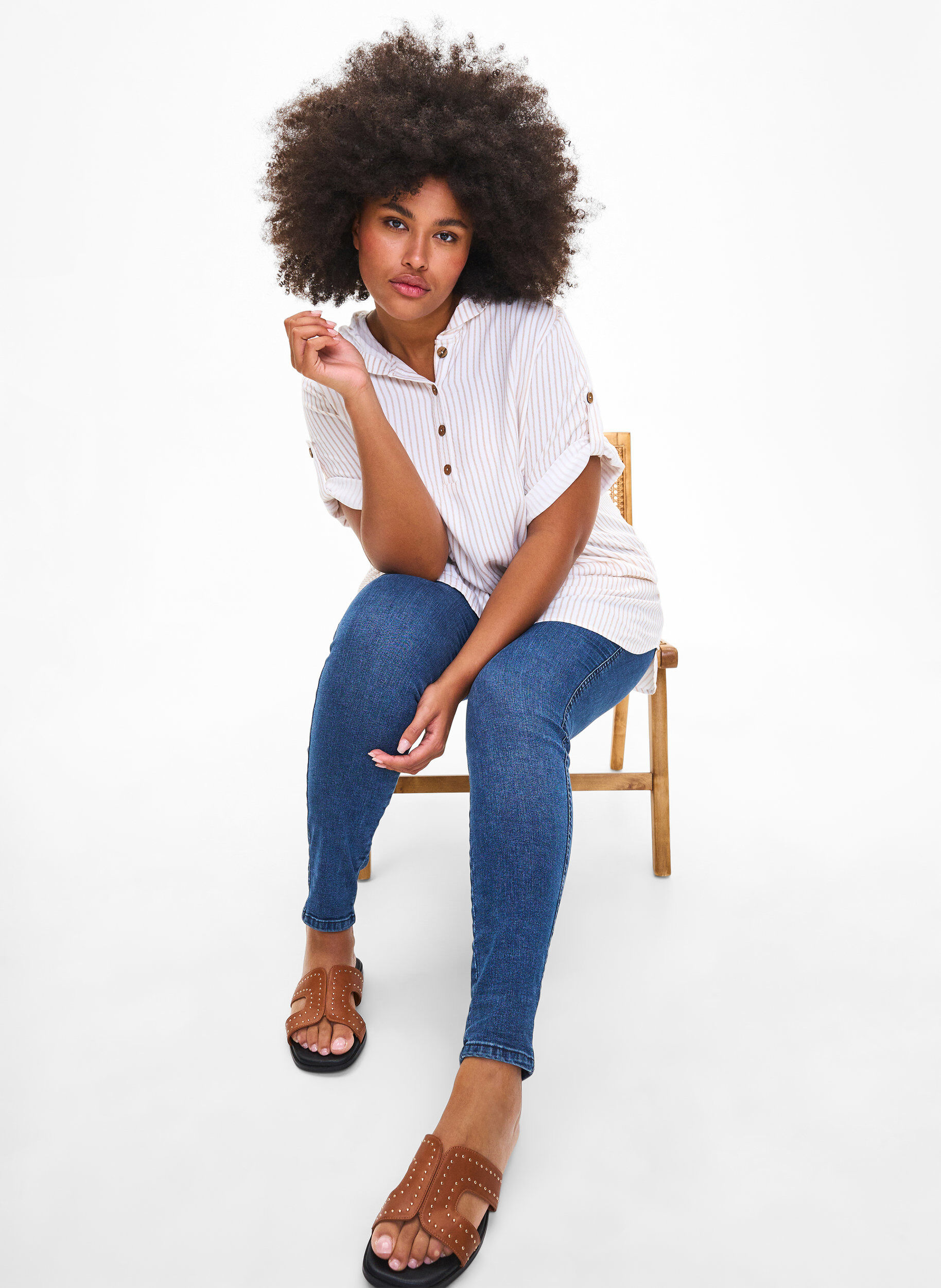 ZizziTuniek van viscose met korte mouwen en capuchon, White Natural Stripe, Image image number 0