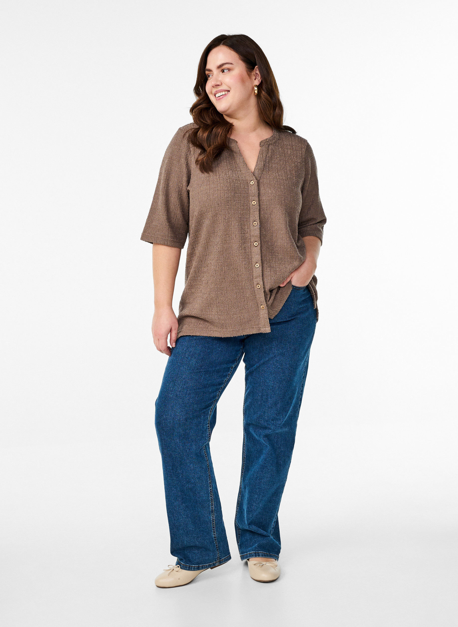 ZizziGestructureerde blouse met V-hals, Walnut, Model image number 2