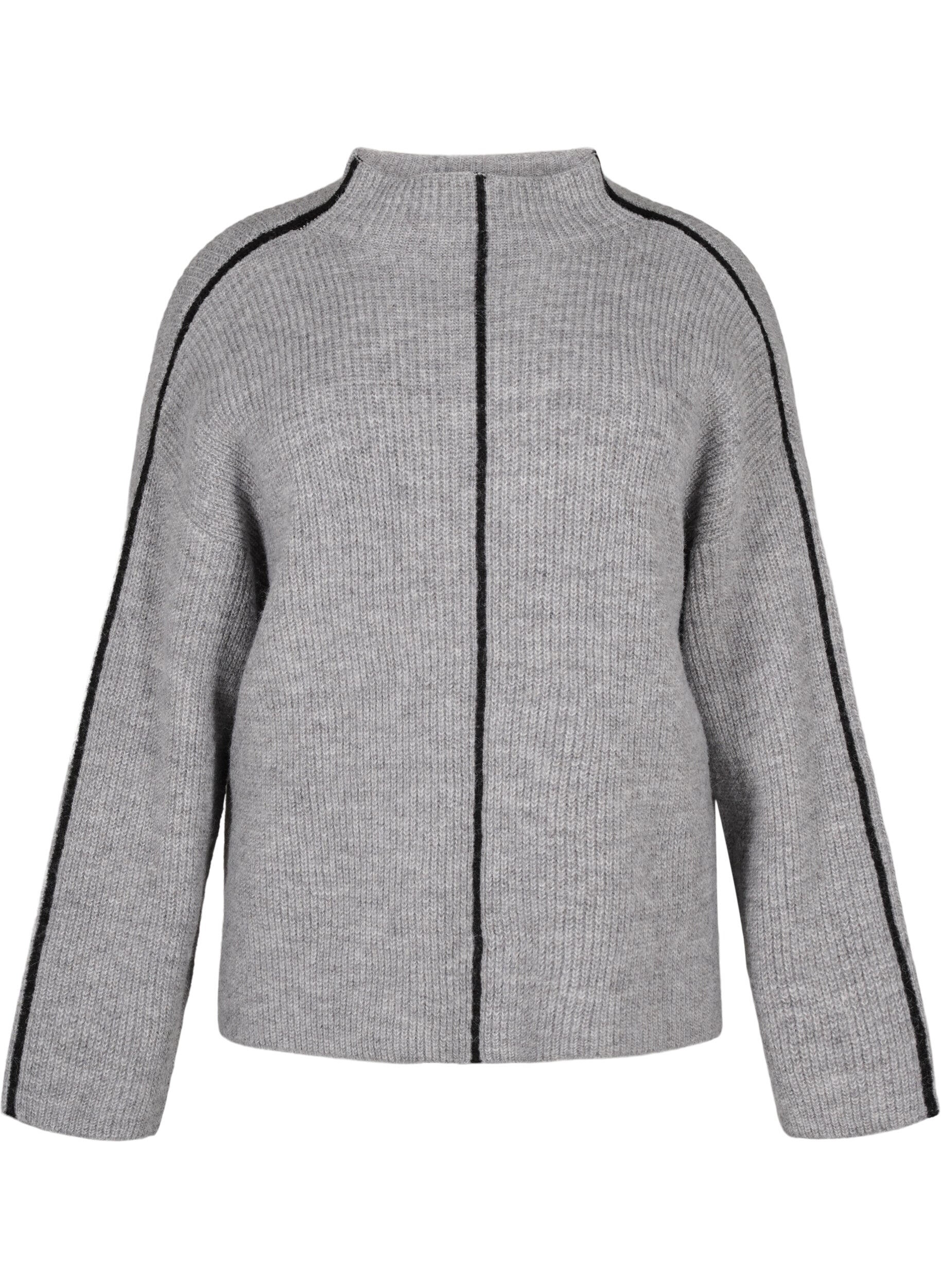 ZizziGebreide blouse met wol en contrasterende strepen, Medium Grey Melange, Packshot image number 0