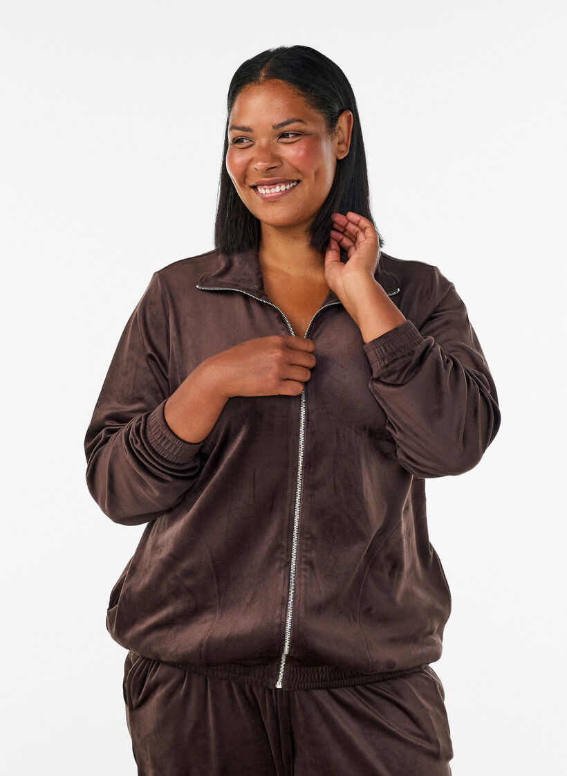 Zachte velours cardigan met rits en hoge kraag, Bruin, Model image number 0