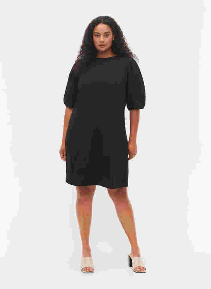 Robe à motif texturé et manches bouffantes, Black, Model image number 2