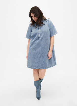 Denim jurk met korte mouwen en een A-lijnmodel, Blue denim, Model image number 2