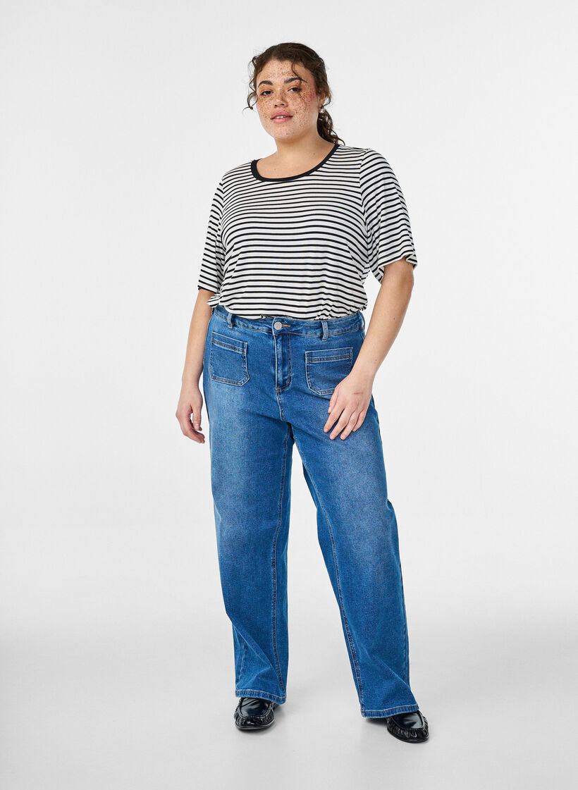 T-shirt met TENCEL&trade; Lyocell en strepen, Wit, Model image number 1