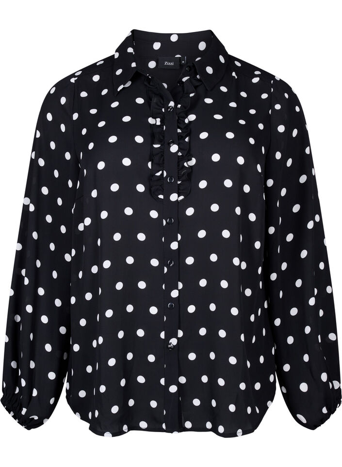 Gestippeld shirt met ruches, Black W. White Dot, Packshot image number 0
