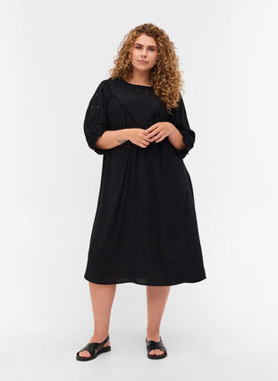 Viscose jurk met borduursel en korte mouwen, Black, Model image number 2