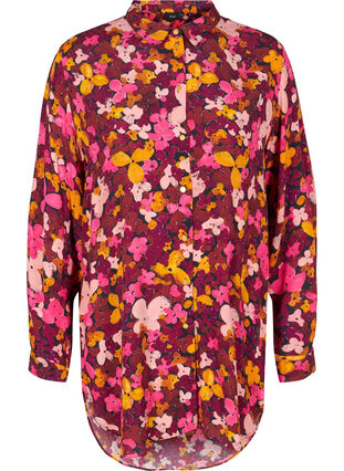 Viscose tuniek met bloemenprint en lange mouwen, Hot Pink Flower, Packshot image number 0