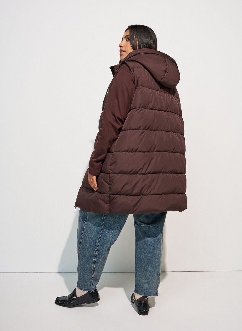 Lange vest met capuchon en zakken, Bruin, Model image number 1