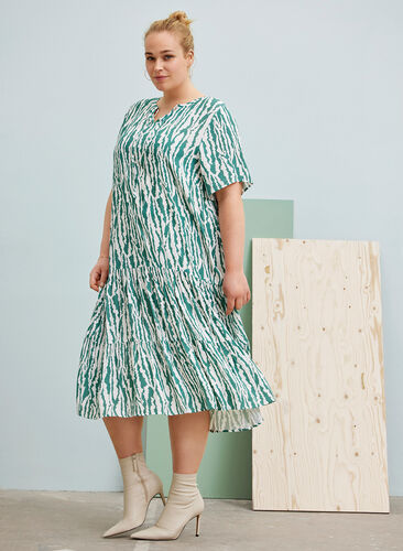 Viscose jurk met print en korte mouwen, Green Animal Print, Image image number 0