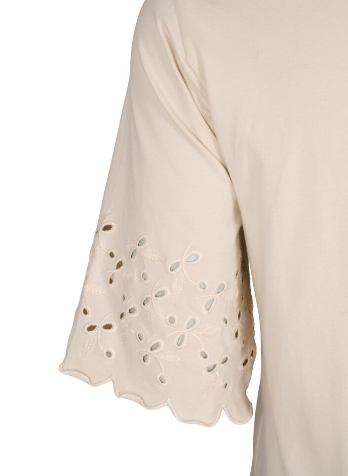 T-shirt avec broderie anglaise et bords &eacute;chancr&eacute;s, Beige, Packshot image number 3