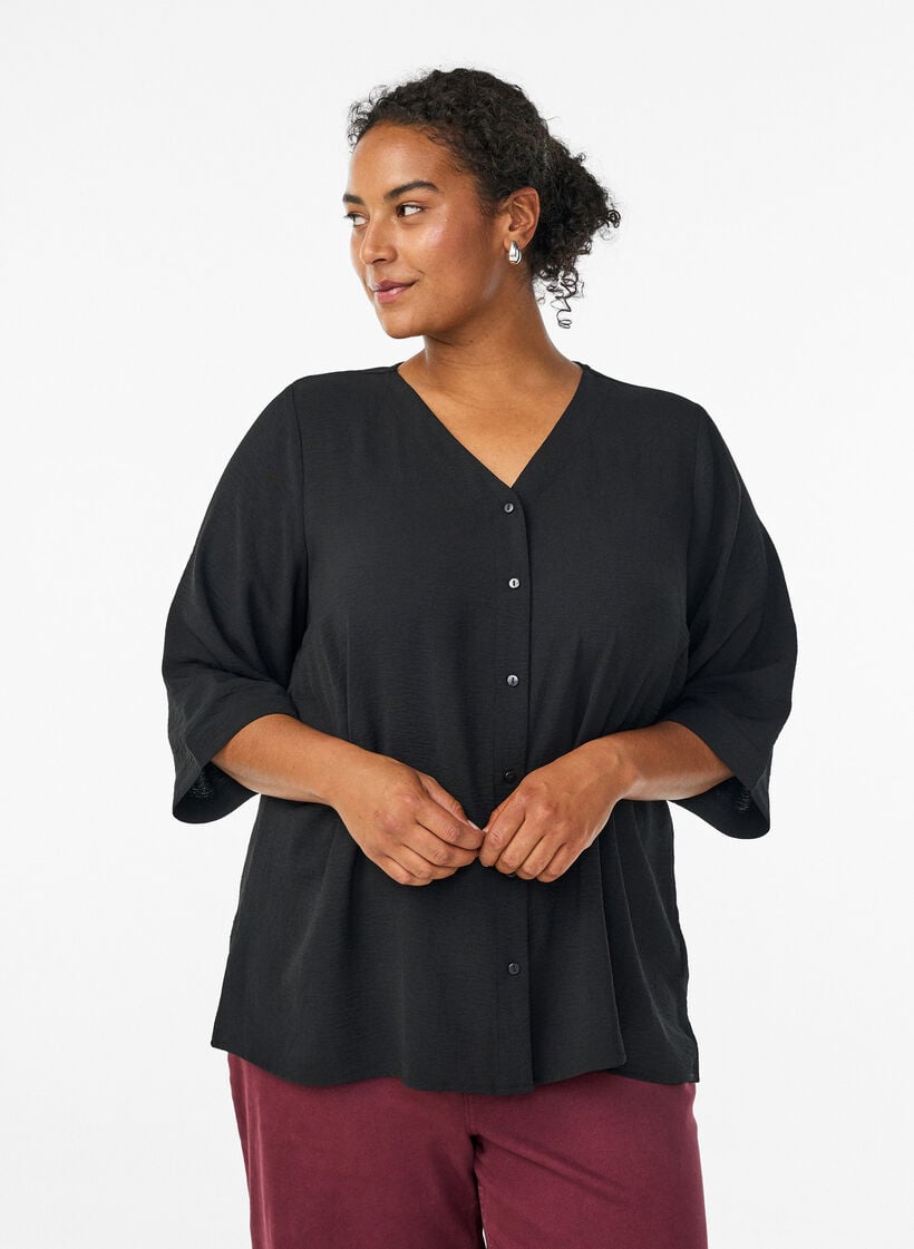 FLASH – Shirtblouse met V-hals en 3/4 mouwen, Zwart, Model image number 0