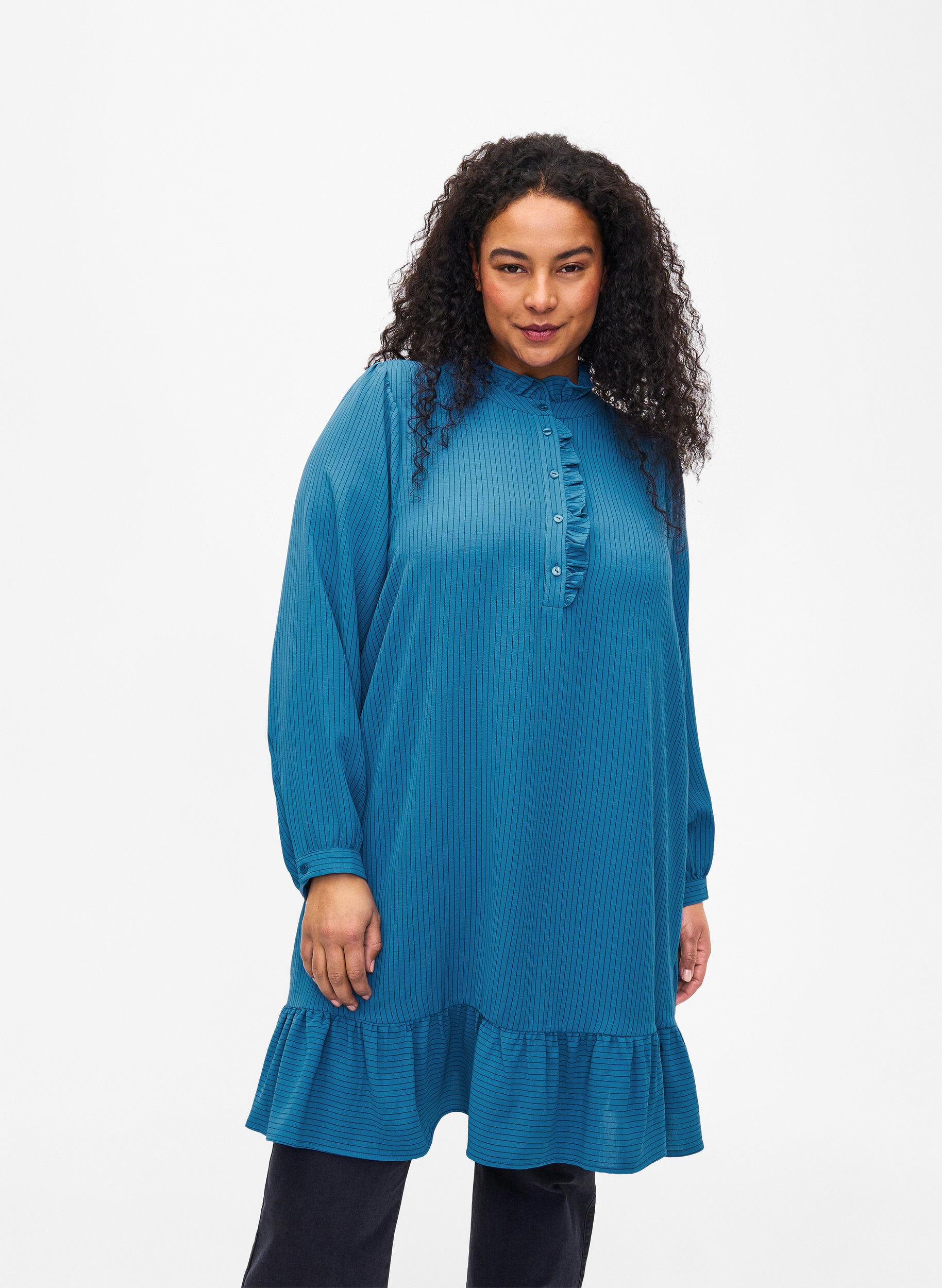 ZizziGestreepte jurk met ruches, Blauw, Model image number 0