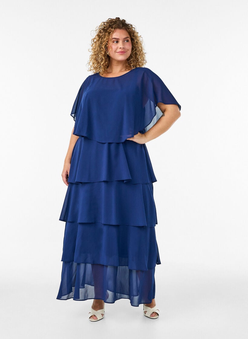 Robe maxi avec plusieurs couches de volants et cape amovible, Bleu, Model image number 2