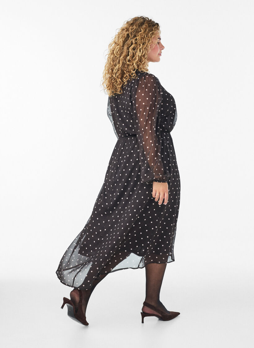 Robe en mousseline &agrave; pois et manches longues, Marron, Model image number 1