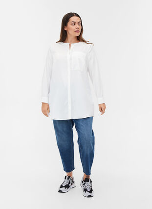 Lange blouse in effen kleur met borstzak, Warm Off-white, Model image number 2