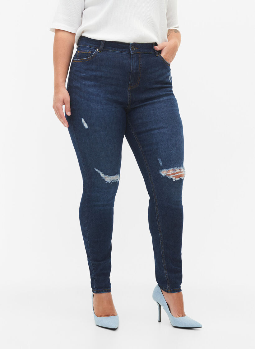 Super slanke destroyed Amy jeans met hoge taille, Dark blue, Model image number 2