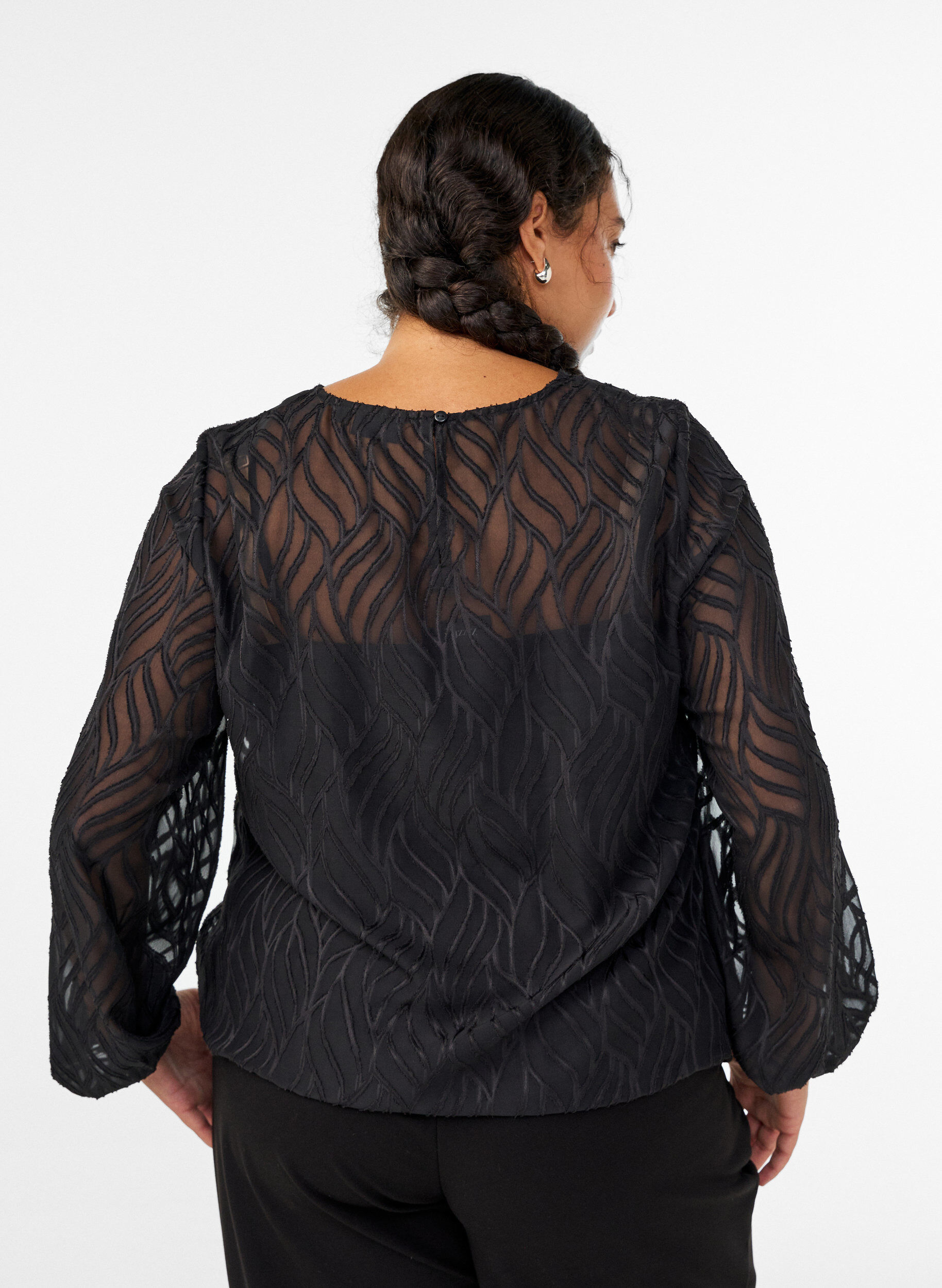 ZizziChiffon blouse met een textuurpatroon, Zwart, Model image number 2